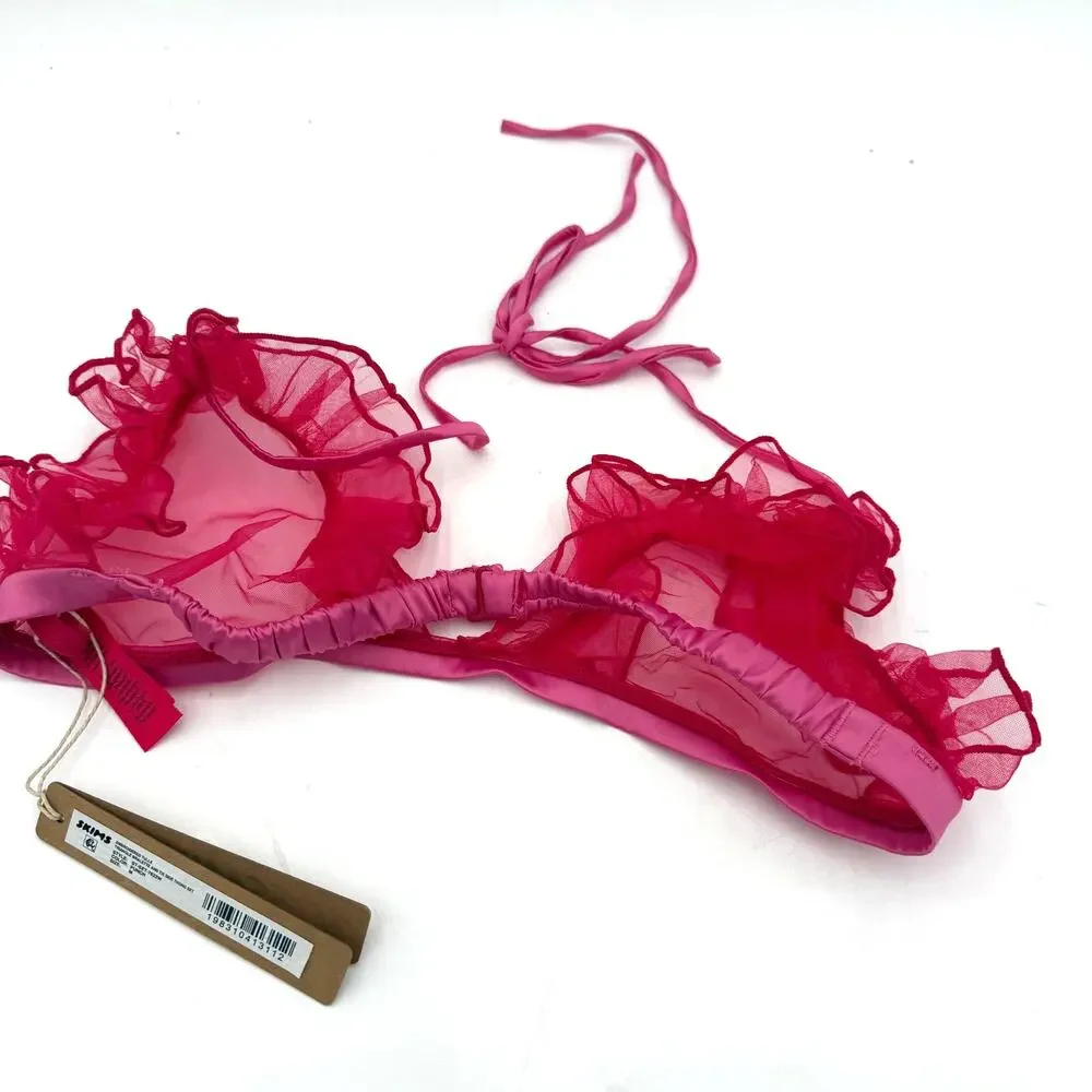 Skims Embroidered Tulle Triangle Bralette Pink Taffy New with tags Size Medium - Picture 3 of 4